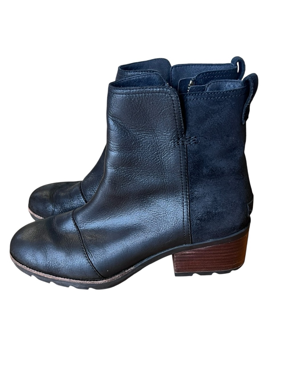 SOREL Cats Black Leather Zip Block Heel Lug Sole Waterproof Ankle Bootie 10.